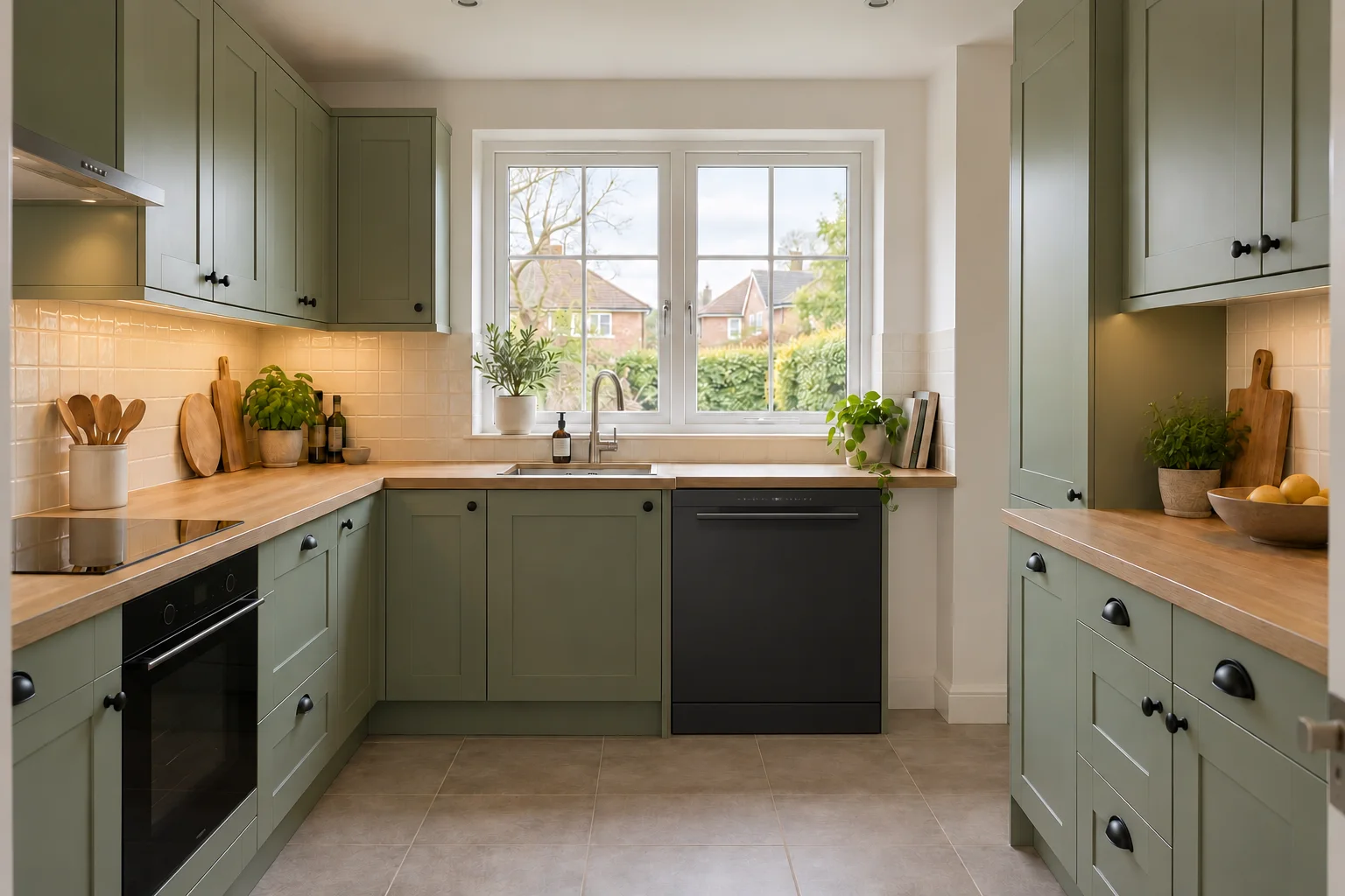 Kitchen concept after renovation, with sage cabinets, oak worktops and a new black dishwasher