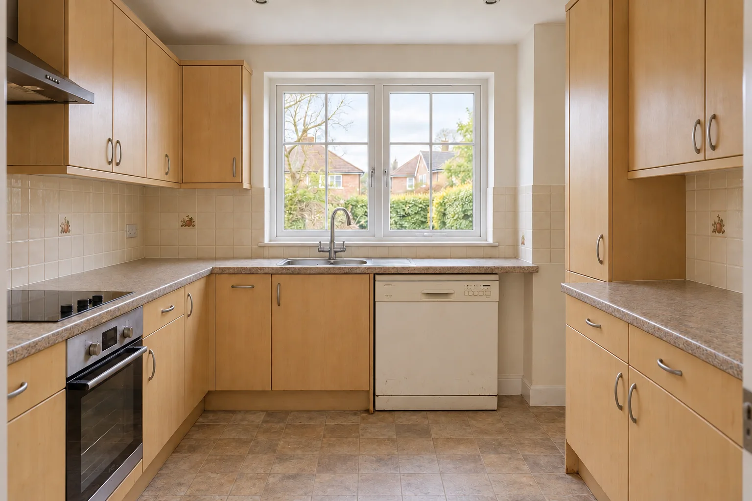 Same kitchen concept before renovation, with beech cabinets and an old white dishwasher