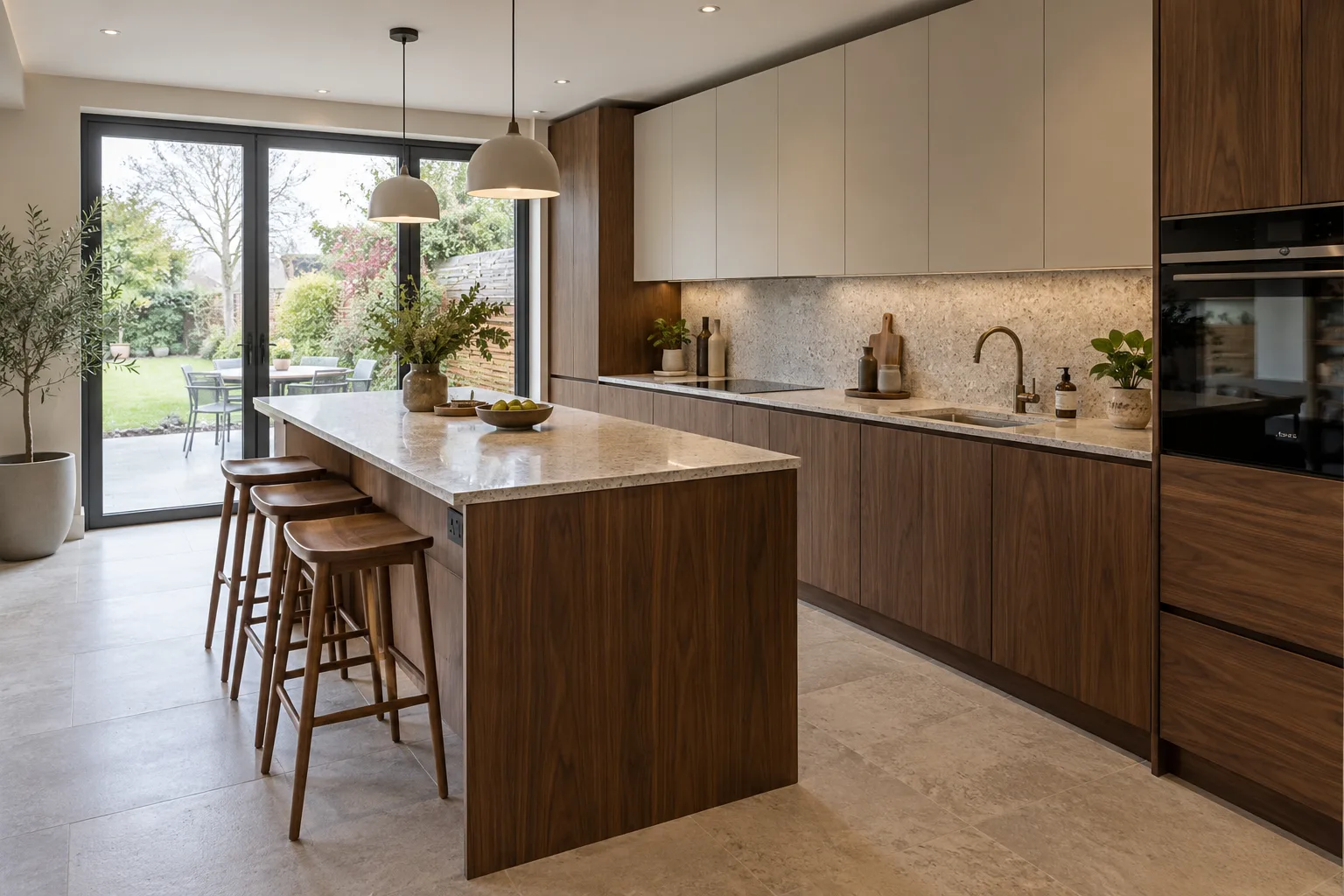 Contemporary kitchen with walnut cabinetry and a stone island