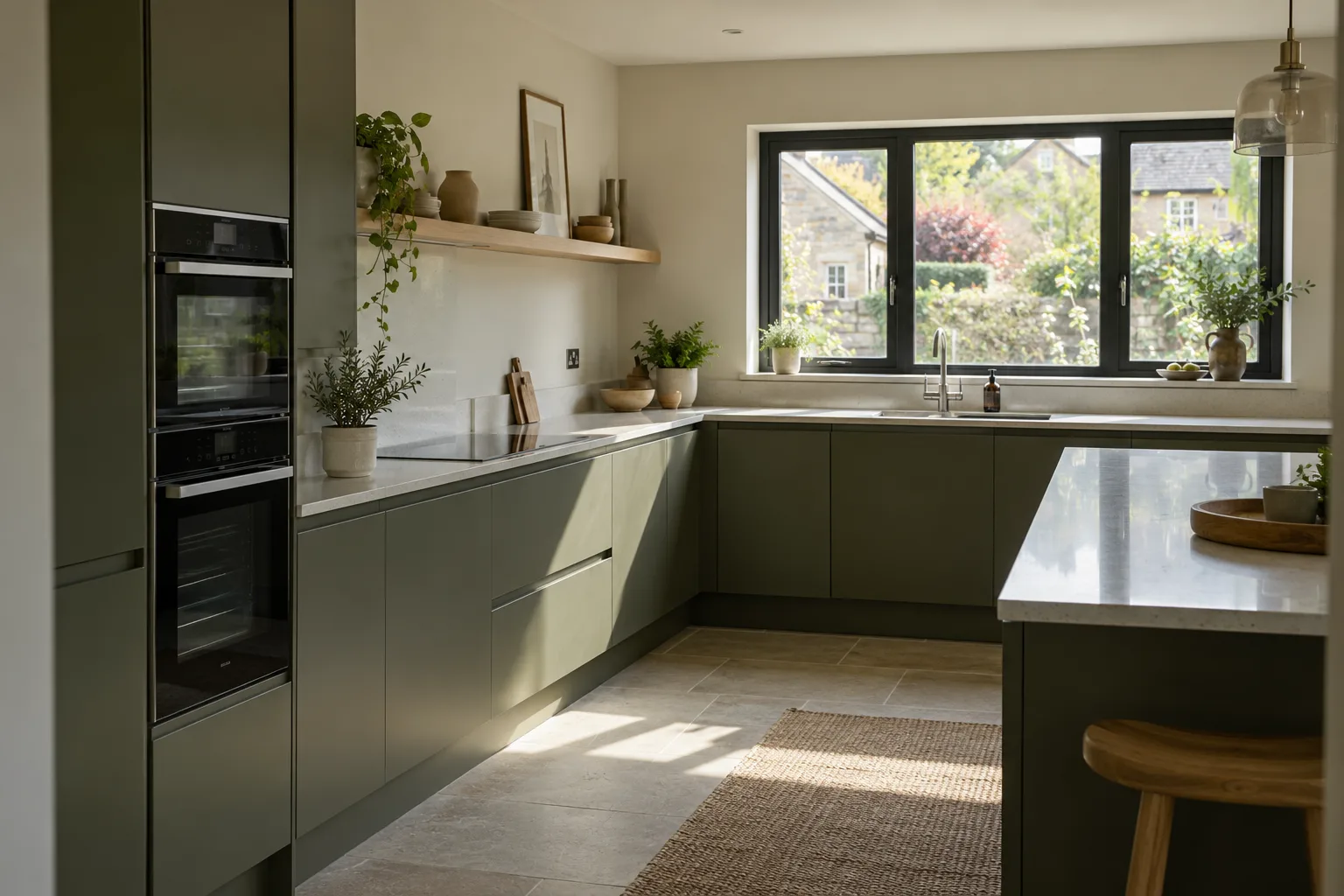 Modern kitchen with flat-front olive cabinets and pale worktops