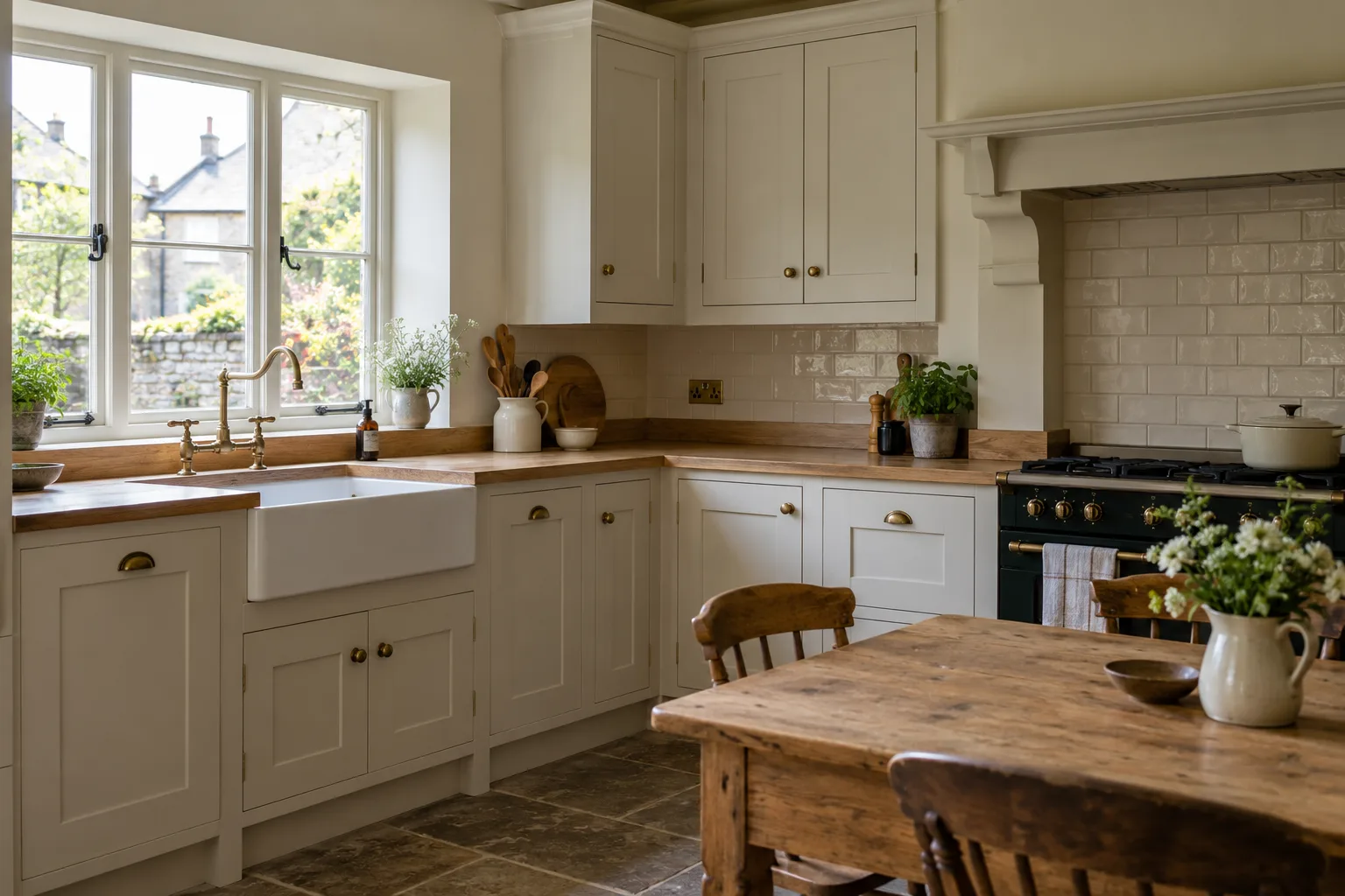 Traditional kitchen with shaker cabinets, oak worktops and a Belfast sink